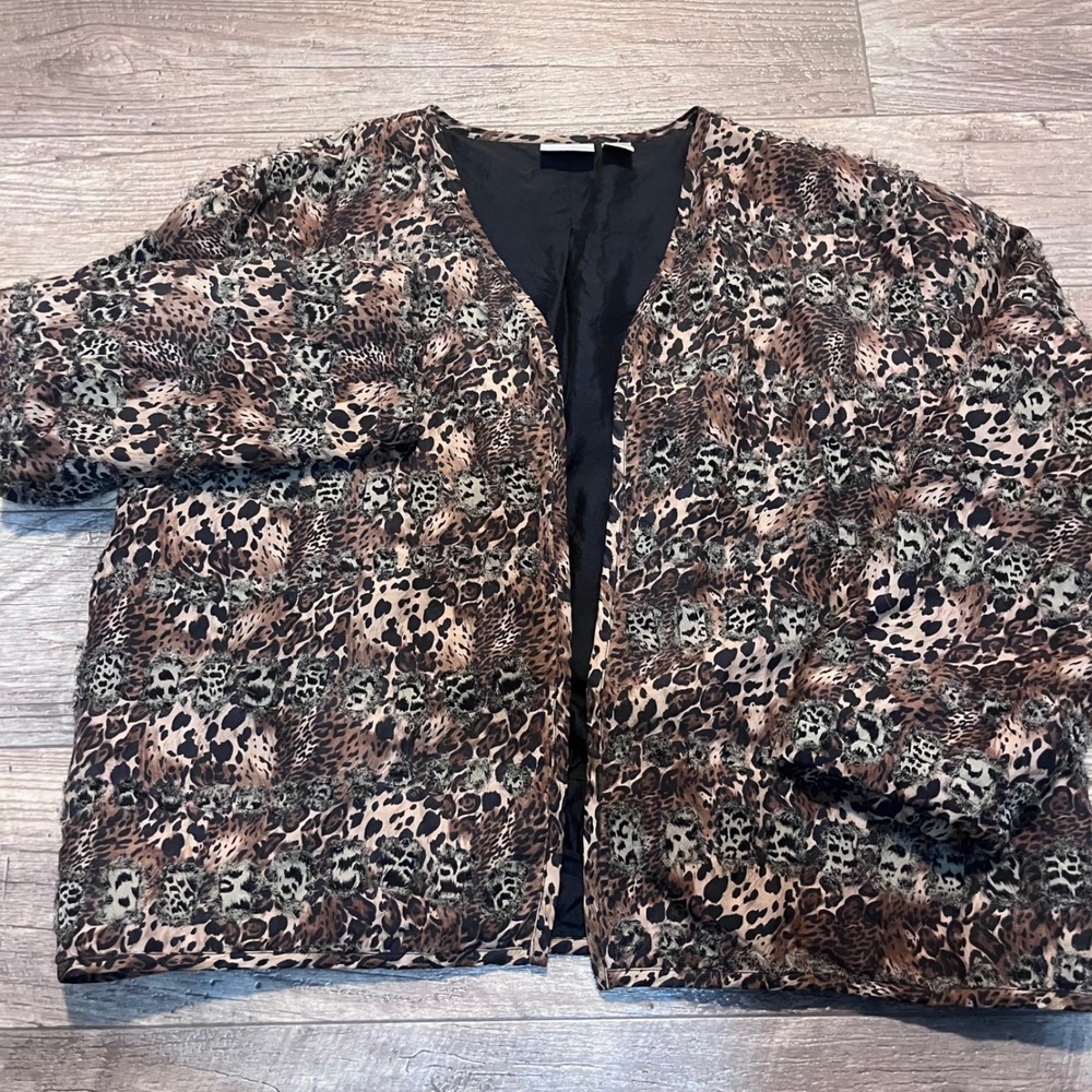 Chico's 100% Silk Leopard Print Eyelash Textured Open Front Jacket Brown Sz Lg